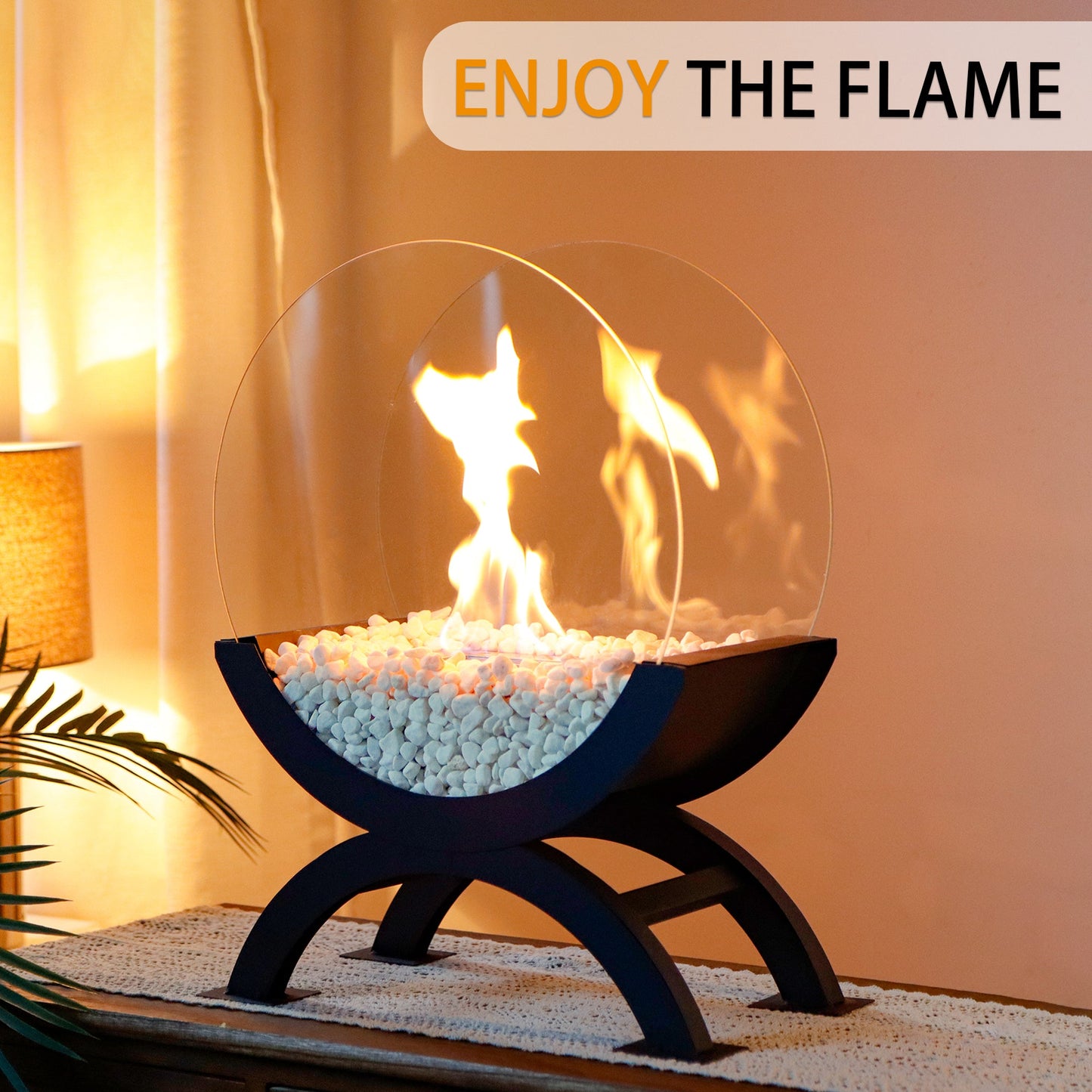 Portable Round Tabletop Fireplace 48cm H – Clean Burning Bio Ethanol, Ventless Glass Fire Bowl,-4