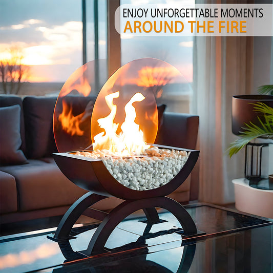 Portable Round Tabletop Fireplace 48cm H – Clean Burning Bio Ethanol, Ventless Glass Fire Bowl,-1