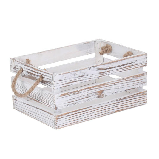 Distressed White Rope Handled Wooden Storage Crate-1