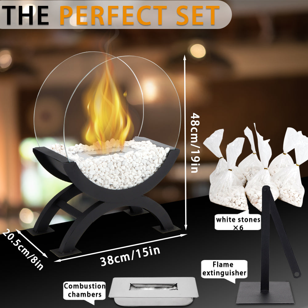 Portable Round Tabletop Fireplace 48cm H – Clean Burning Bio Ethanol, Ventless Glass Fire Bowl,-0