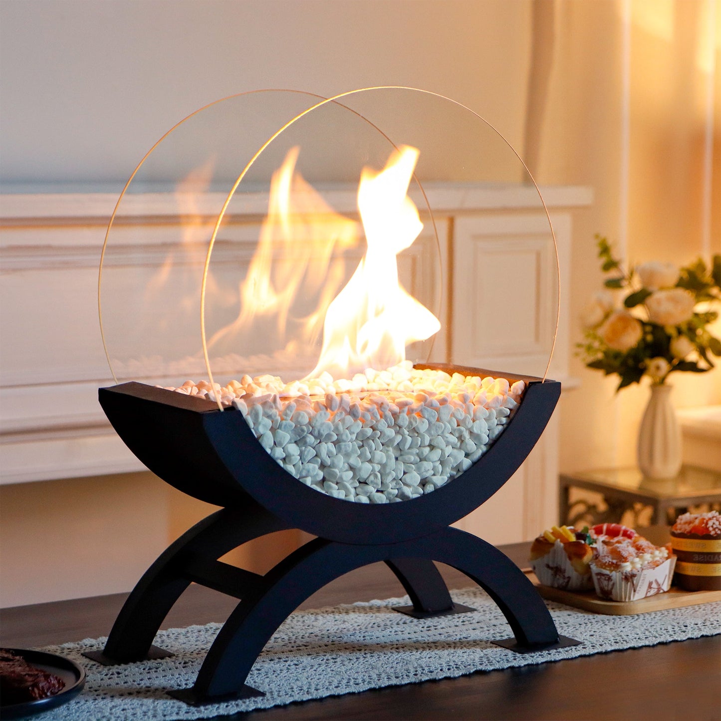Portable Round Tabletop Fireplace 48cm H – Clean Burning Bio Ethanol, Ventless Glass Fire Bowl,-3