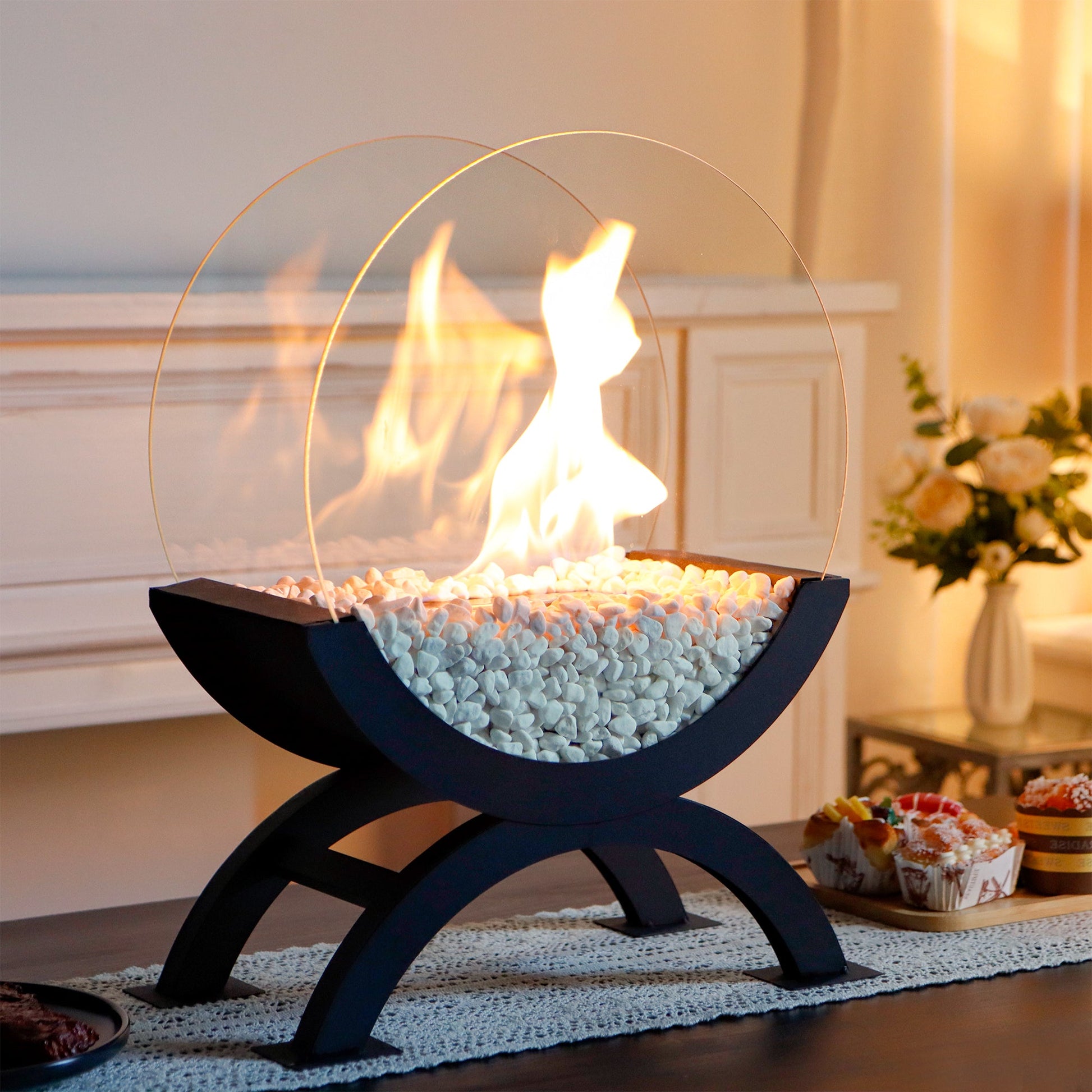 Portable Round Tabletop Fireplace 48cm H – Clean Burning Bio Ethanol, Ventless Glass Fire Bowl,-3
