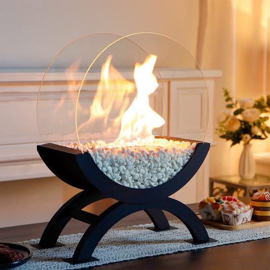 Portable Round Tabletop Fireplace 48cm H – Clean Burning Bio Ethanol, Ventless Glass Fire Bowl,-3