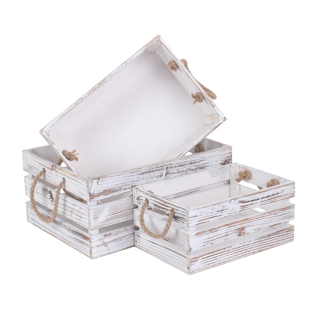 Distressed White Rope Handled Wooden Storage Crate-0