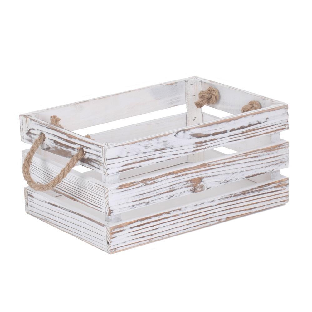 Distressed White Rope Handled Wooden Storage Crate-1